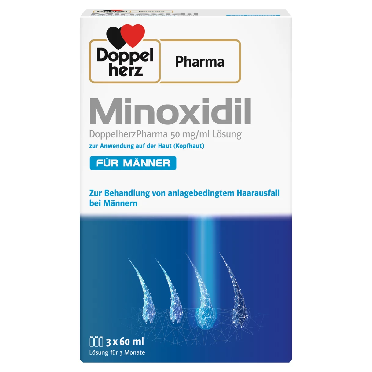 Abbildung der Produktverpackung DoppelherzPharma Minoxidil DoppelherzPharma 50 mg/ml Lösung zur Anwendung auf der Haut (Kopfhaut)  Frontansicht